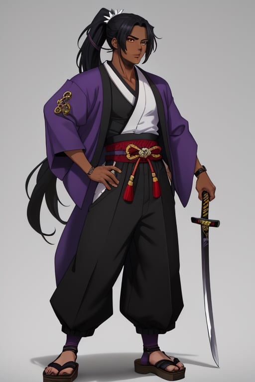 Dark Skinned, ponytail, black hair, two-tone-hair, Katana, baggy hakama pants, black high knee socks, sandals, purple jacket haori, muscular male, Black jacket, black fur on waist, best quality 