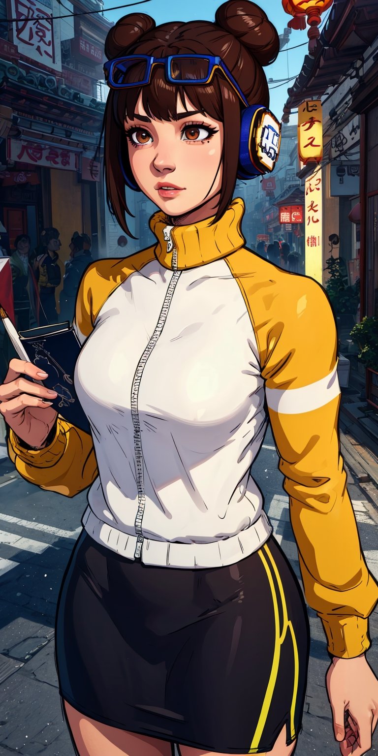 lifen, single hair bun, brown hair, brown eyes, 
eyewear on head,  headphones,  wyellow and white jacket, long sleeves,  kneehighs,  
chinatown, morning, solo, 
standing, upper body, 
(insanely detailed, beautiful detailed face,, masterpiece, best quality) cinematic lighting, short pencil dress