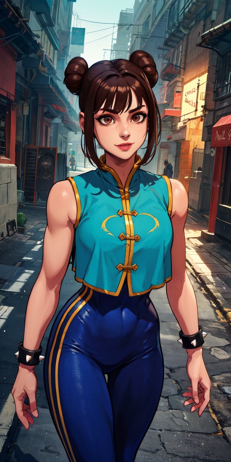 lifen, single hair bun, brown hair, brown eyes,  
blue tights,  blue vest, spike bangles,  toned, 
 solo,   streets,  arena, 
standing, upper body,  smile,  cowboy shot, 
(insanely detailed, beautiful detailed face,, masterpiece, best quality) cinematic lighting, 