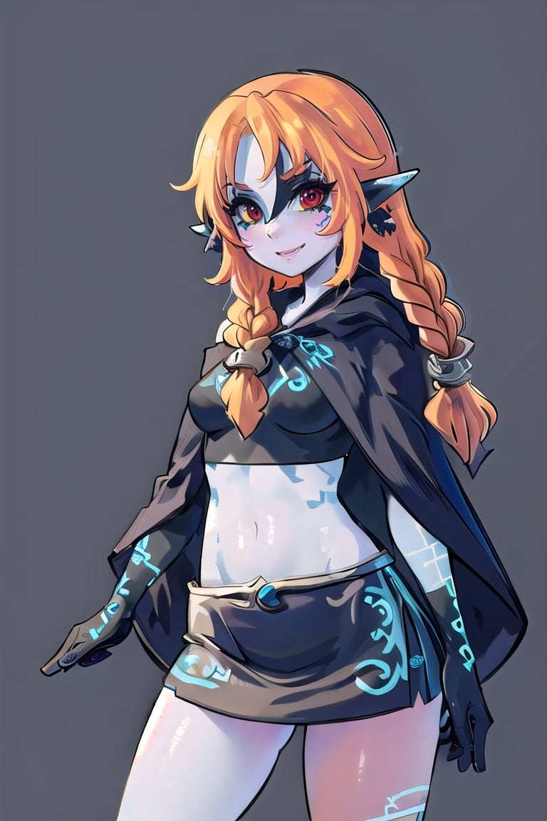 ((masterpiece,best quality)),, (Twilight_Theme_Zelda), glow, glowing, green glow, dark skin, grey skin, glowing tattoo, pointy ears,1girl, long hair, smile, skirt, simple background, red eyes, gloves, navel, bare shoulders, braid, midriff, miniskirt, orange hair, crop top, single braid, no headwear, yellow sclera, green tattoo, cloak, teenager, cute, thick, tall, blushing