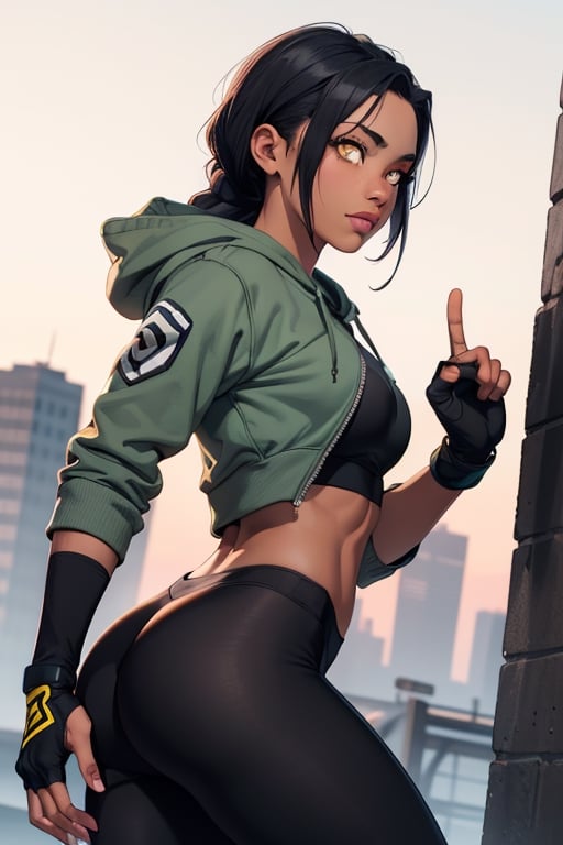 Dark Skinned, yellow eyes, Female, Braids, Hatake Kakashi, Hoodie, Teen, Black Leggings, muscular woman, Fingerless gloves, black hair, short chitons, warrior, solo 