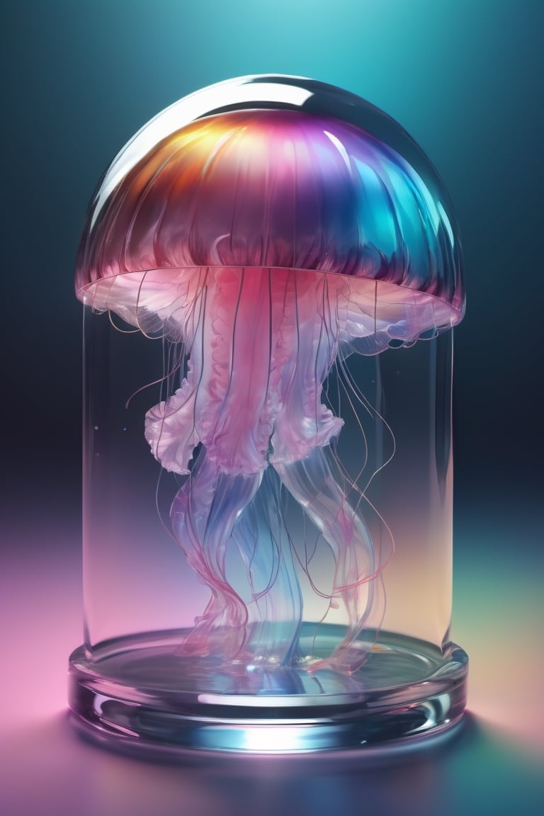 a jellyfish inside a cut glass crystal, Photorealistic, spring glow, bright lights shining, light reflecting, rainbow, glowing pink aesthetic, Metallic Accents, Surrealist Dream, Strong Contrast Between Light and Dark, conceptual art, 3d render