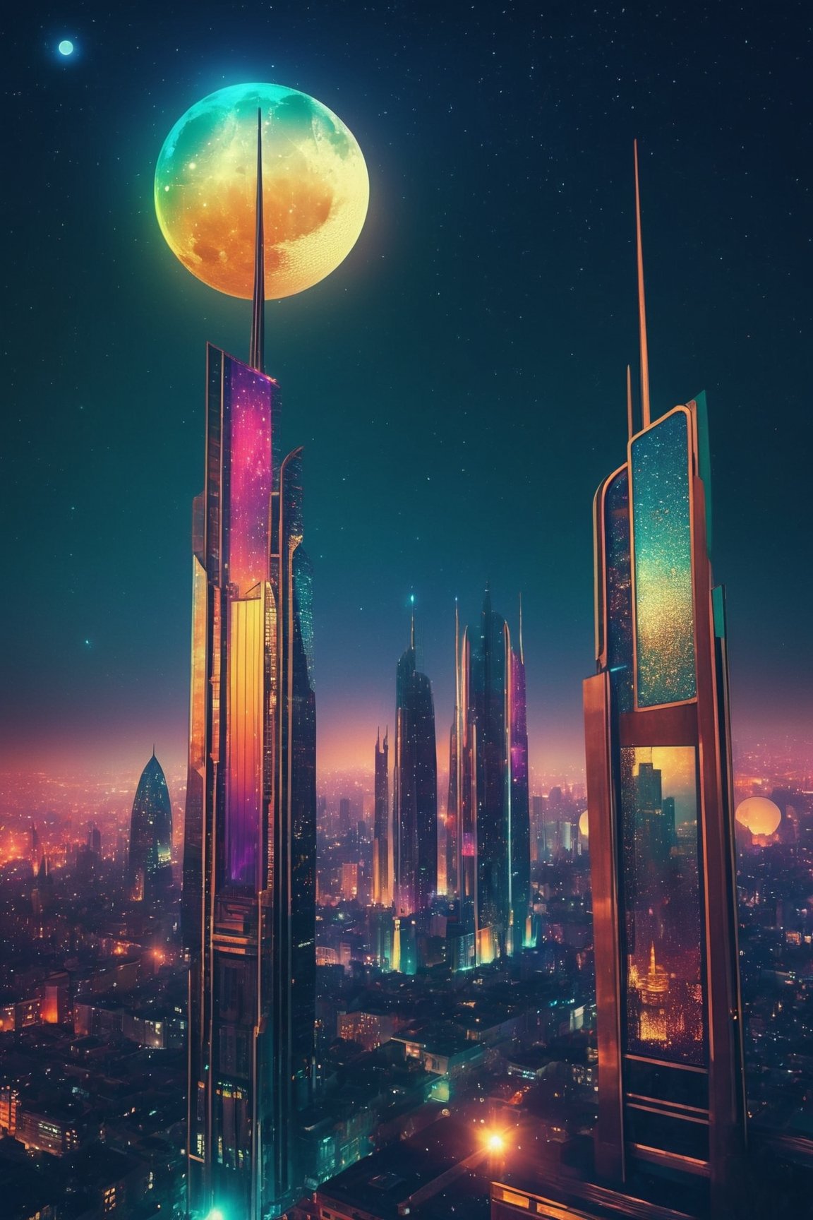 poster of retro futuristic skyline of a city, at night, with moon, retro lights, art deco , best HD quality, Broken Glass effect, no background, stunning, something that even doesn't exist, mythical being, energy, molecular, textures, iridescent and luminescent scales, breathtaking beauty, pure perfection, divine presence, unforgettable, impressive, breathtaking beauty, Volumetric light, auras, rays, vivid colors reflects