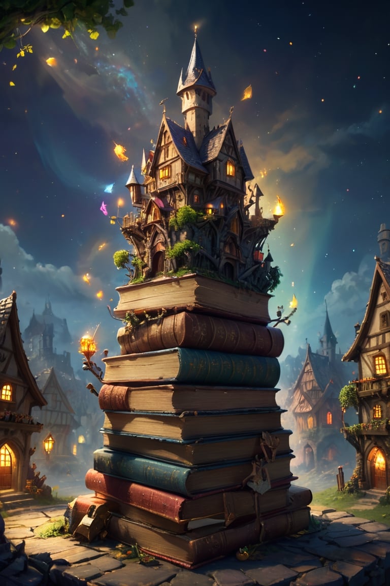 🏰🎨🌟Medieval Madness, Stack of Books with  magic medieval village on top, vibrant light, colorful painting, hyper detailed, intricate details, digital illustration fairytale environment, sparkle's in the air , magic,  little fairytale  buildings ,little trees ,realistic 8k resolution , night ,octane render, sharp focus 