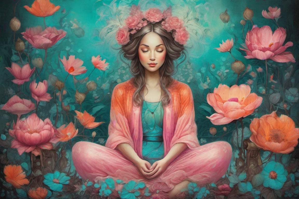 painting of a dreamy girl meditating, in the style of whimsical, beautiful, garden flowers, dark pink and light cyan, vibrant colors, ink, dreamscape portraiture, neo-victorian, fantastical street, pink and orange, mandy disher