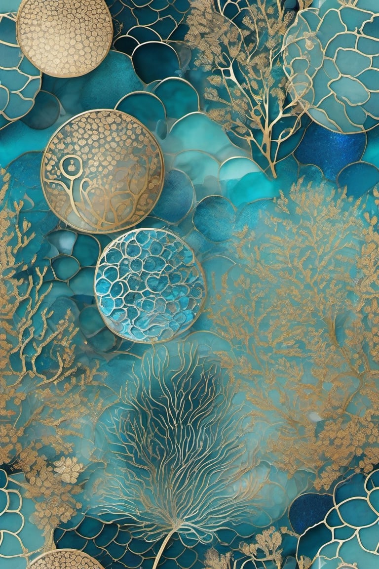 artwork, underwater coral landscape, circular patterns, fish scales, ocean inspired, delicate, teal and shades of blue, glitter, sparkles, golden outlines, glassy, jellfish, corals, high resolution, studio lighting

