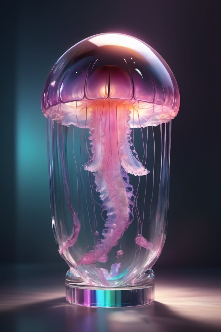 a jellyfish inside a cut glass crystal, Photorealistic, spring glow, bright lights shining, light reflecting, rainbow, glowing pink aesthetic, Metallic Accents, Surrealist Dream, Strong Contrast Between Light and Dark, conceptual art, 3d render