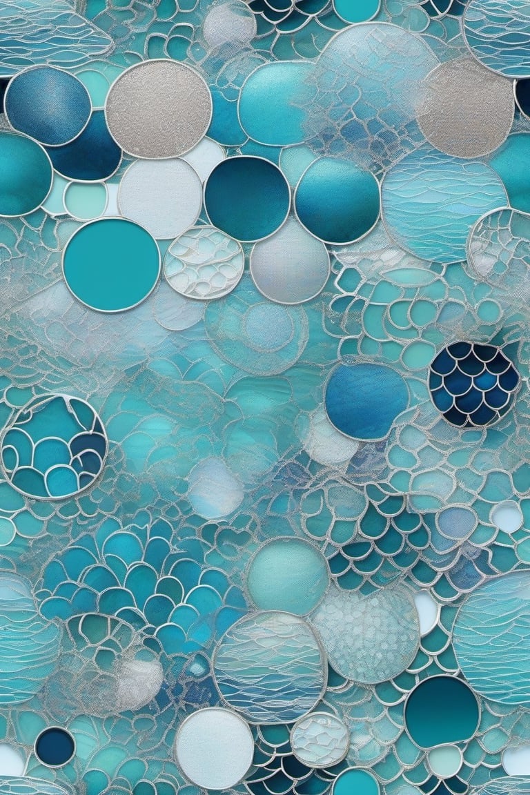 fish scale and circular patterns, ocean inspired, delicate, teal and shades of blue, glitter, sparkles, silver outlines, glassy, jellfish, corals,

