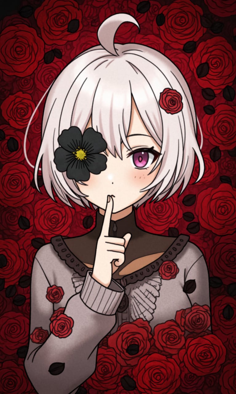 A vibrant and emotional anime portrait of a woman with short, white hair. She is surrounded by a mist of red and black, creating a striking contrast. A blooming black flower covers one eye, adding to her enigmatic appearance. The background is dark red, filled with black rose petals. She holds a finger to her lips in a shushing gesture.