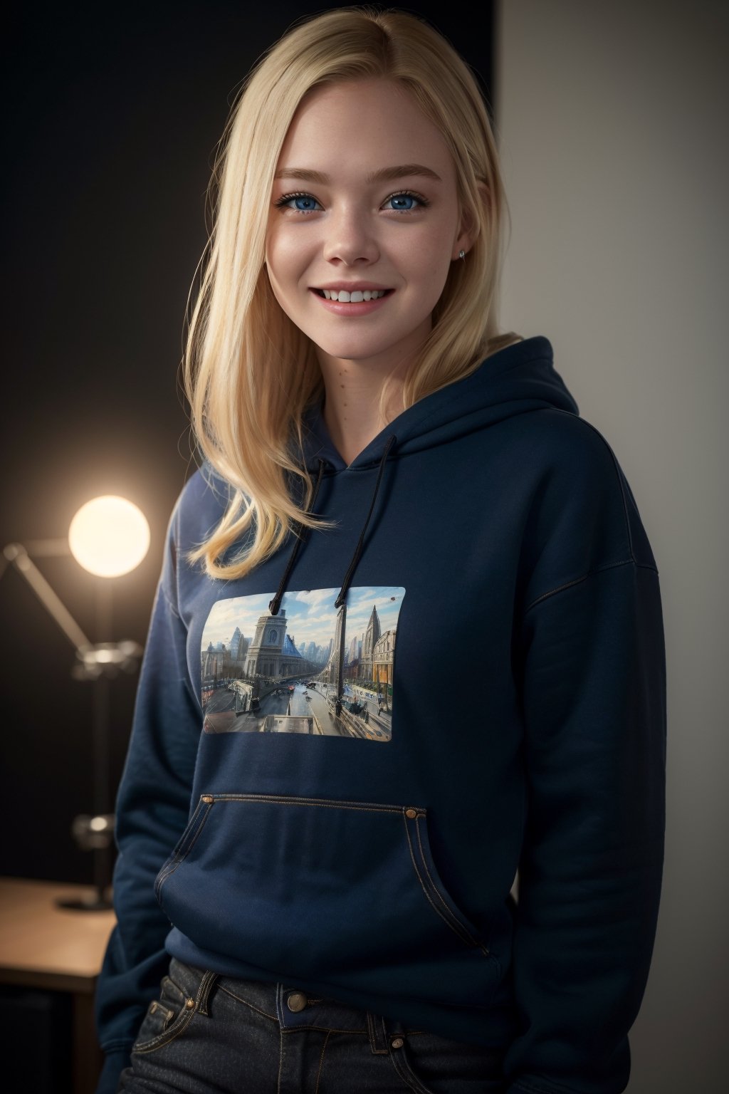 (best quality,4k,8k,highres,masterpiece:1.2),ultra-detailed,(realistic,photorealistic,photo-realistic:1.37),portraits,perfecteyes, 1girl, blonde hair, blue eyes, wearing navy hoodie & black jeans, look at the view, smiling, studio lighting,ellefanning-smf