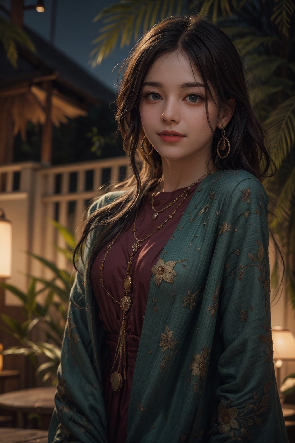 (best quality,4k,8k,highres,masterpiece:1.2),ultra-detailed,(realistic,photorealistic,photo-realistic:1.37),portraits,colorful lighting,bokeh,long hair flowing with the wind,cinematic lighting effects,the woman has a gentle smile and sparkling eyes, stunning dress, earrings and necklaces with intricate patterns,tropical garden as the background, vibrant colors, warm and soft color tones.