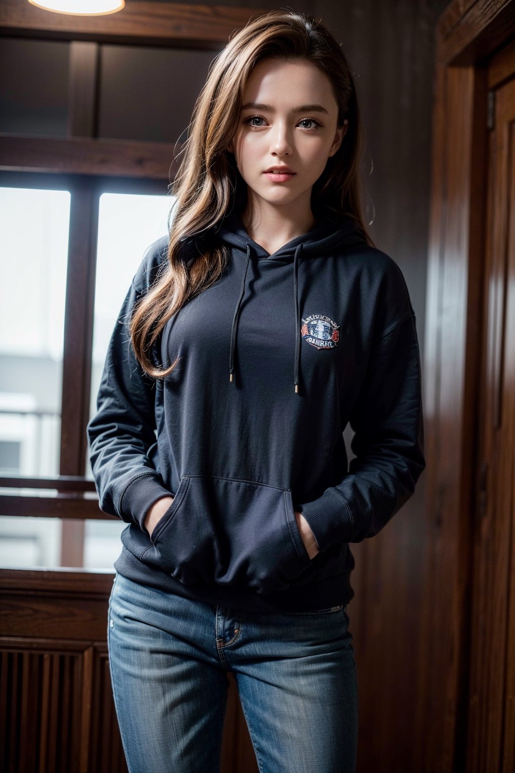 (best quality,4k,8k,highres,masterpiece:1.2),ultra-detailed,(realistic,photorealistic,photo-realistic:1.37),portraits,perfecteyes, 1girl, brown hair, blue eyes, wearing navy hoodie & black jeans, look at the view, smiling, studio lighting,kathrynnewton