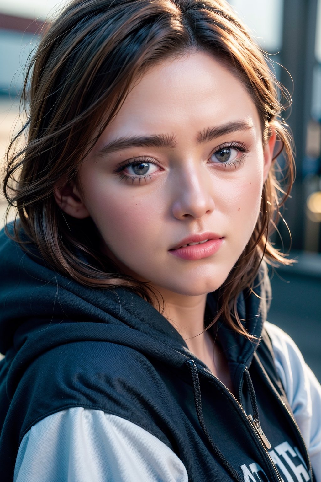 (best quality,4k,8k,highres,masterpiece:1.2),ultra-detailed,(realistic,photorealistic,photo-realistic:1.37),portraits,perfecteyes, 1girl, brown hair, blue eyes, wearing navy hoodie, look at the view, smiling, studio lighting, medium close up,kathrynnewton