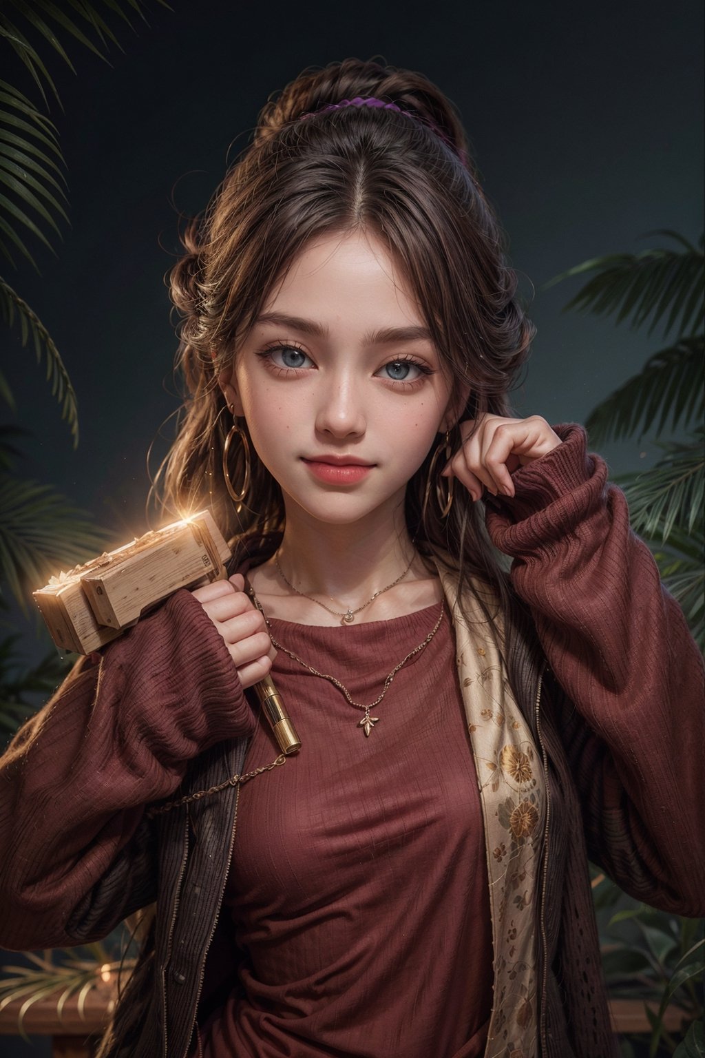 (best quality,4k,8k,highres,masterpiece:1.2),ultra-detailed,(realistic,photorealistic,photo-realistic:1.37),portraits,colorful lighting,bokeh,long purple hair flowing with the wind,cinematic lighting effects,the woman has a gentle smile and sparkling eyes, stunning dress, earrings and necklaces with intricate patterns,tropical garden as the background, vibrant colors, warm and soft color tones.