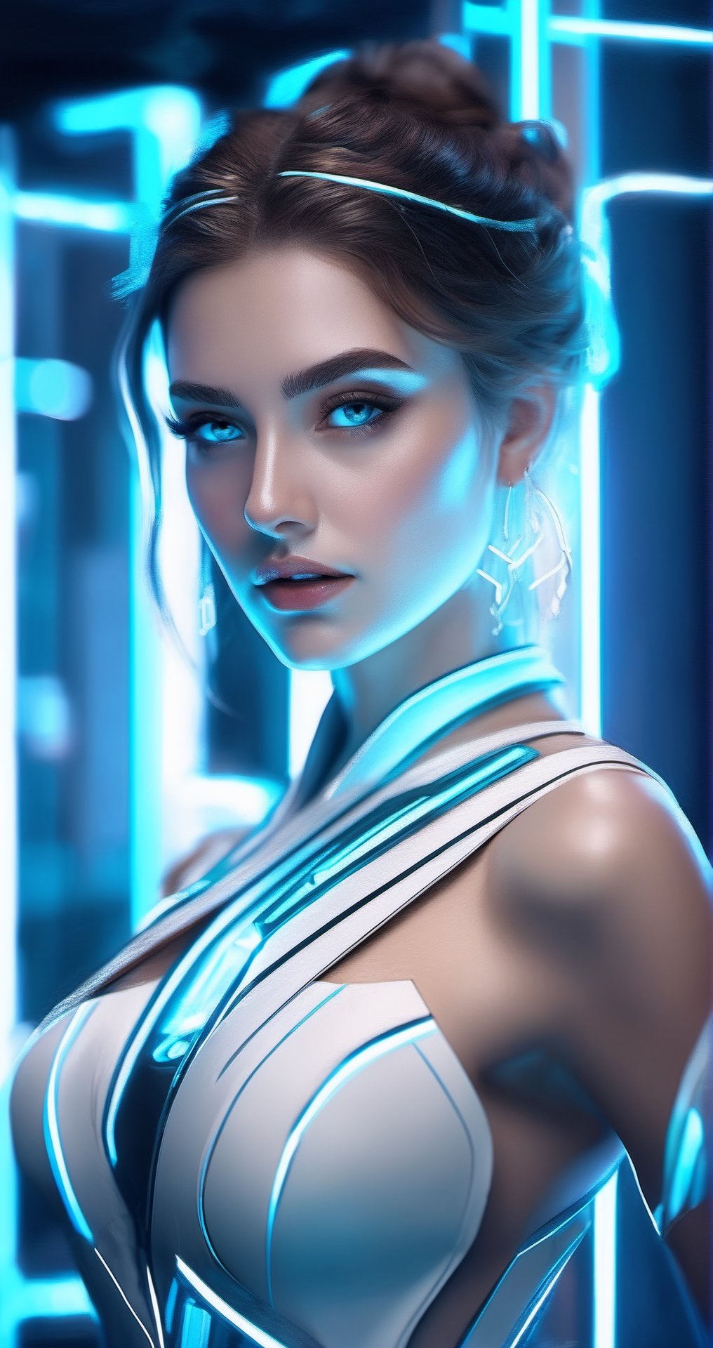 Real photo of greek goddess girl, sci-fi, shot, centered, cyan gel lighting, glowing lights, depth of field, sophisticated, elegant, highly detailed, digital painting, concept art, silver and white futuristic outfit, glossy, clear focus