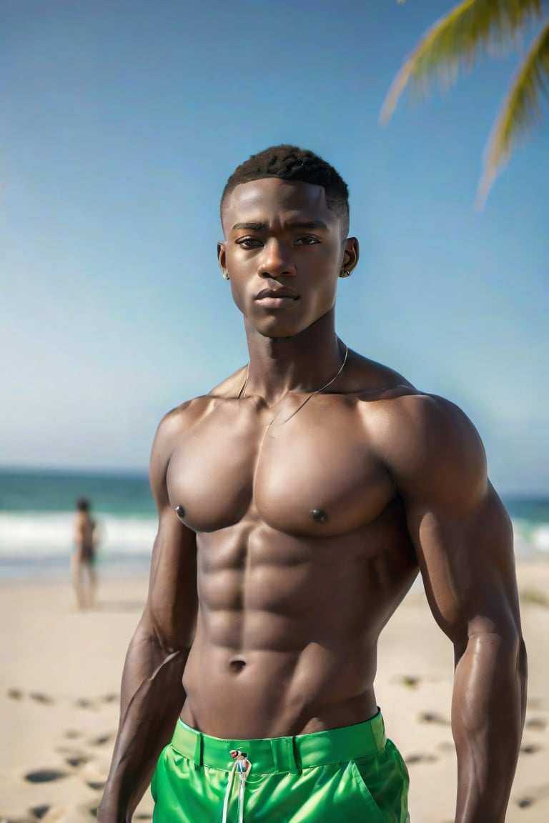 A youthful African gril of 16 years, with refined features and a handsome face. He stands tall, his slender yet muscular physique evident beneath the bright sunlight. His large, rounded chest is accentuated by the tiny Green Lantern armor micro bikini, drawing attention to his toned torso. The framing of the shot showcases him against a vibrant beach backdrop, with the warm sand and clear blue sky creating a striking contrast.