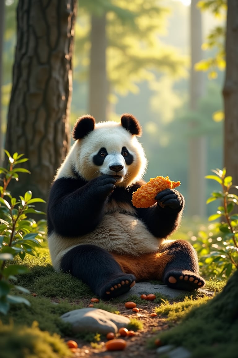 In a lush, sun-dappled clearing deep within the woods, a giant panda sits comfortably on a natural rock formation, surrounded by tall trees and underbrush. He holds a crispy piece of fried chicken in his paw, taking a leisurely bite as he savors the savory flavors. The lighting is soft and warm, casting dappled shadows across the forest floor.