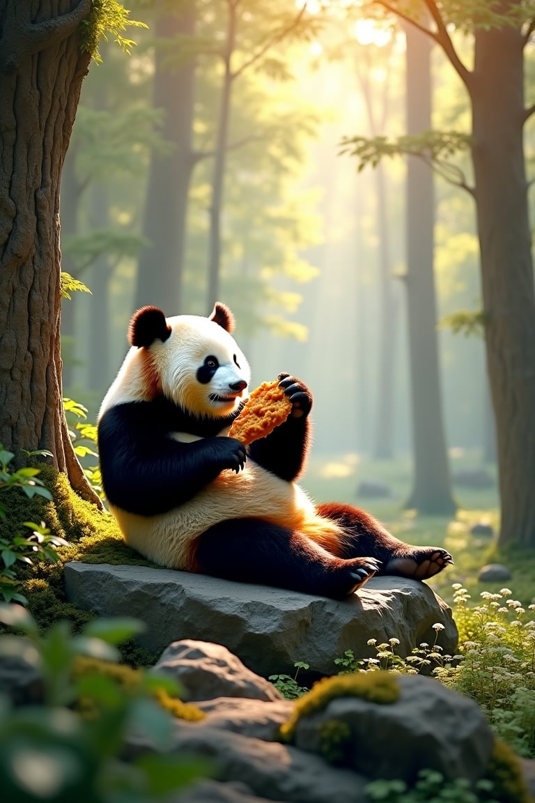 In a serene, sun-kissed glade within the woods' whispering depths, a gentle giant panda reclines on a rugged rock outcropping, enveloped by towering tree canopies and verdant undergrowth. Cradling a crispy piece of fried chicken in his paw, he indulges in a languid bite, savoring the rich aromas as warm sunlight dances across the forest floor, casting dappled shadows amidst the lush foliage.