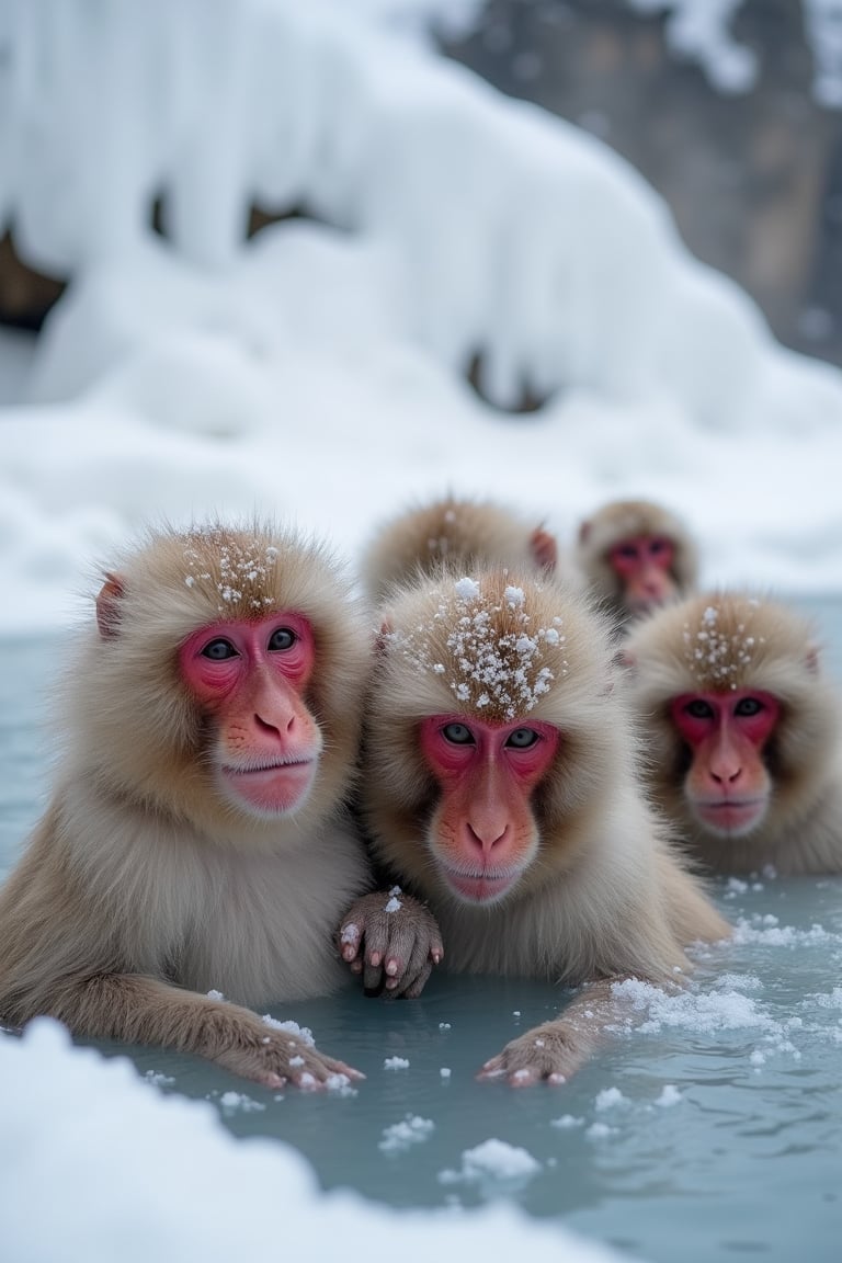 Jigokudani Monkey Park, it has just snowed heavily. Several Japanese snow monkeys are soaking in the hot springs. Their faces are red and their bodies are covered with a layer of snow. It can be seen that they are extremely cold and they are huddled together.