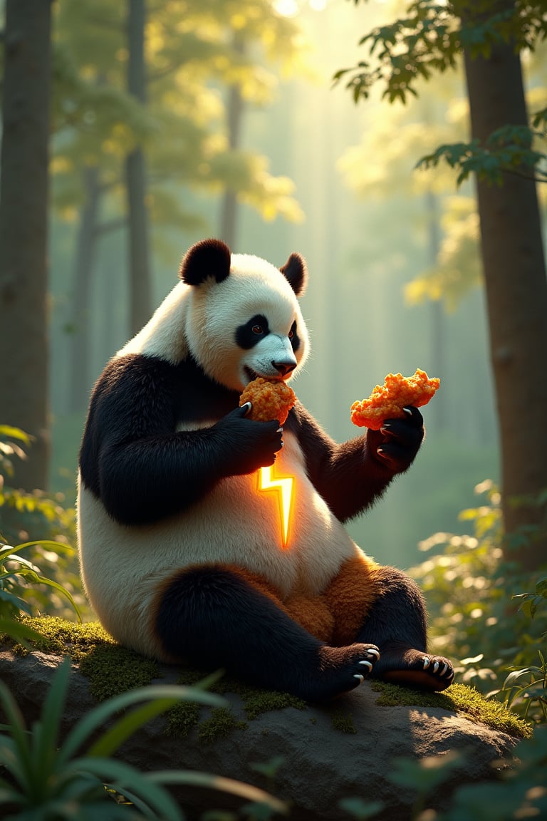 In a lush, sun-dappled clearing deep within the woods, a giant panda sits comfortably on a natural rock formation, surrounded by tall trees and underbrush. He holds a crispy piece of fried chicken in his paw, taking a leisurely bite as he savors the savory flavors. The lighting is soft and warm, casting dappled shadows across the forest floor. panda body have a glowing thunderbolt sign mark