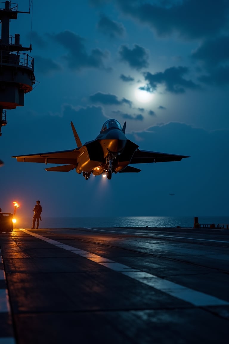 A dramatic shot of a US military F-22 Raptor fighter jet being ejected from an aircraft carrier's deck at dusk, with the darkening sky and moonlit sea serving as a stark backdrop. The plane's sleek silhouette is illuminated by the faint glow of navigation lights, while the ship's massive deck and the pilots' anxious stance convey a sense of urgency and action.