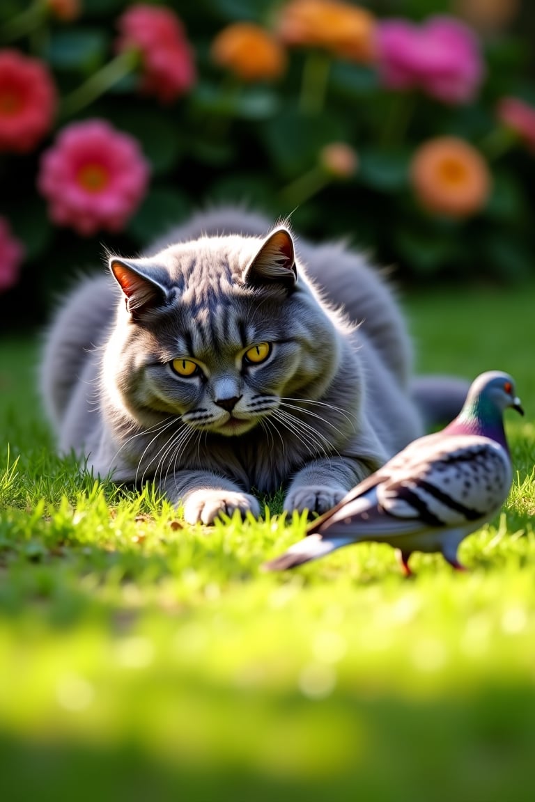 A majestic blue British Shorthair cat, fur glistening in the warm sunlight, lies camouflaged in the lush green grass of the park. Whiskers twitching, eyes fixed intently on a unsuspecting pigeon foraging nearby, the cat's paws remain poised and ready to strike. The scene is set amidst vibrant flora, with dappled shadows casting an intimate atmosphere.