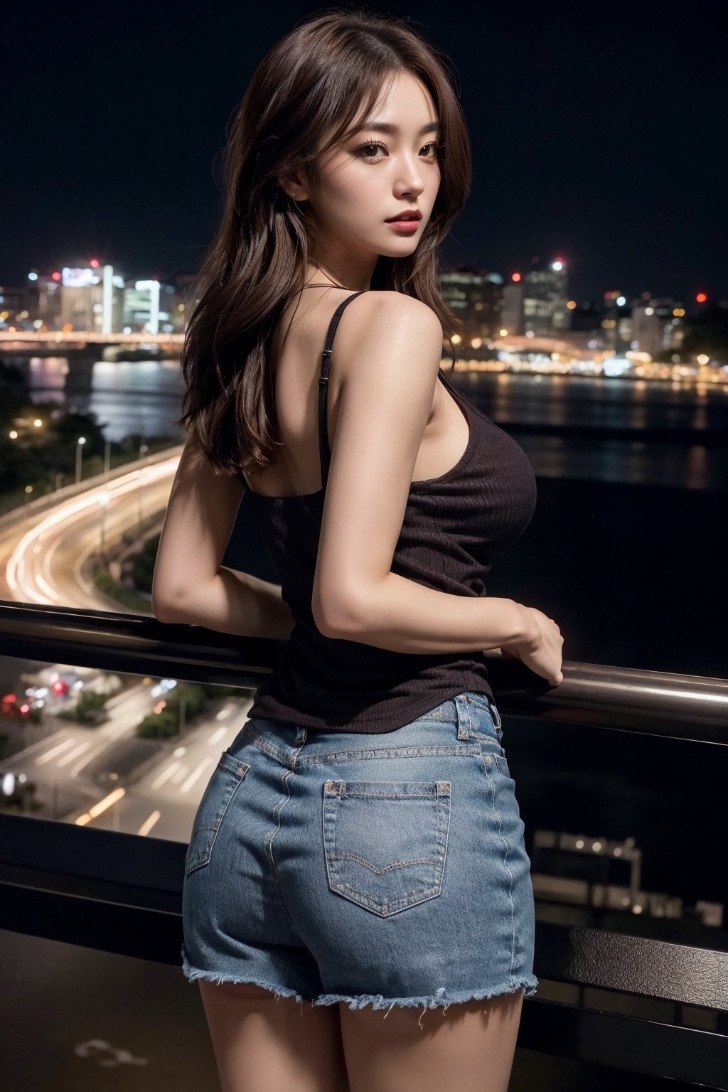 (Best quality,  8k,  32k,  Masterpiece,  UHD:1.2),  Photo of Pretty Japanese woman,  1girl,  (shoulder length dark brown hair),  double eyelid,  natural saggy medium breasts,  perfect hands,  wide hips,  long-legged,  thick body,  tall stature,  pale skin,  tank top,  t-shirt,  denim skirt,  high heels shoes,  midnight,  dark theme,  beautiful cityscape night view,  standing back to viewer,  relaxing,  upper body leaning on railing watching river night view,  bend over,  face front,  ass up,  sexy,  from behind below,  (full body focus),  street snaps,  depth of field,  ray tracing,  detailed eyes,  detailed facial,  detailed fabric rendering,  anatomically correct,  Photo of ukj person, 