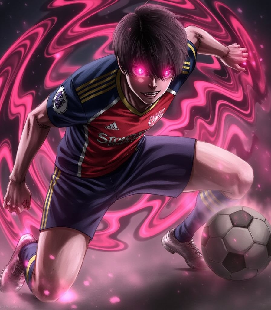 1boy,digital art,dynamic light,red eyes,glowing,football clothes,evil smile,anime,