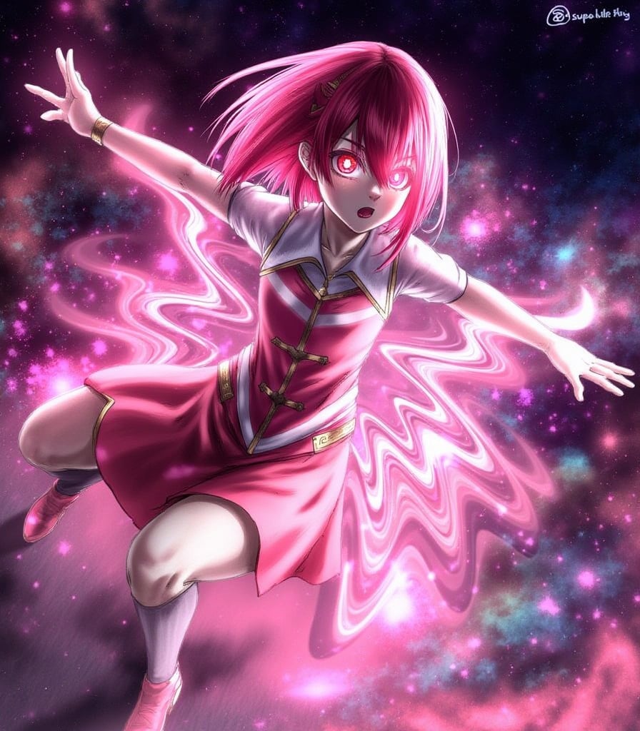 1girl,digital art,dynamic light,red eyes,glowing,dress,bob cut,kawai,dynamic pose,particles,f
night,stars,V