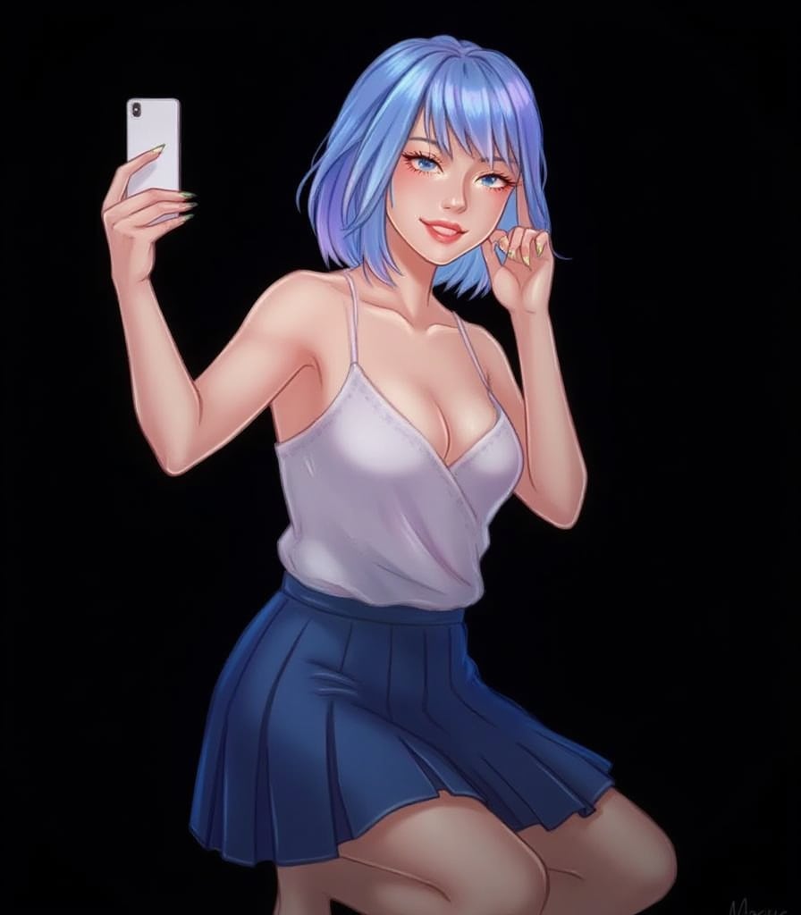 1girl,digital art,selfie,had,blue hair,sexy,skirt,black background,phone,bob cut,one closed eye,leg up,full body,happy