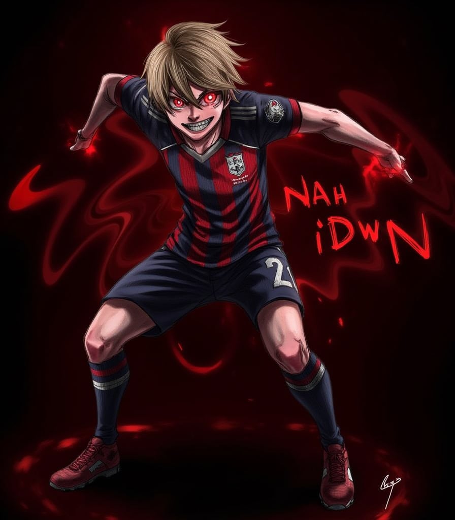 1boy,digital art,dynamic light,red eyes,glowing,football clothes,evil smile,anime,standing,darkness,dark,a manga style text saying "nah id win"