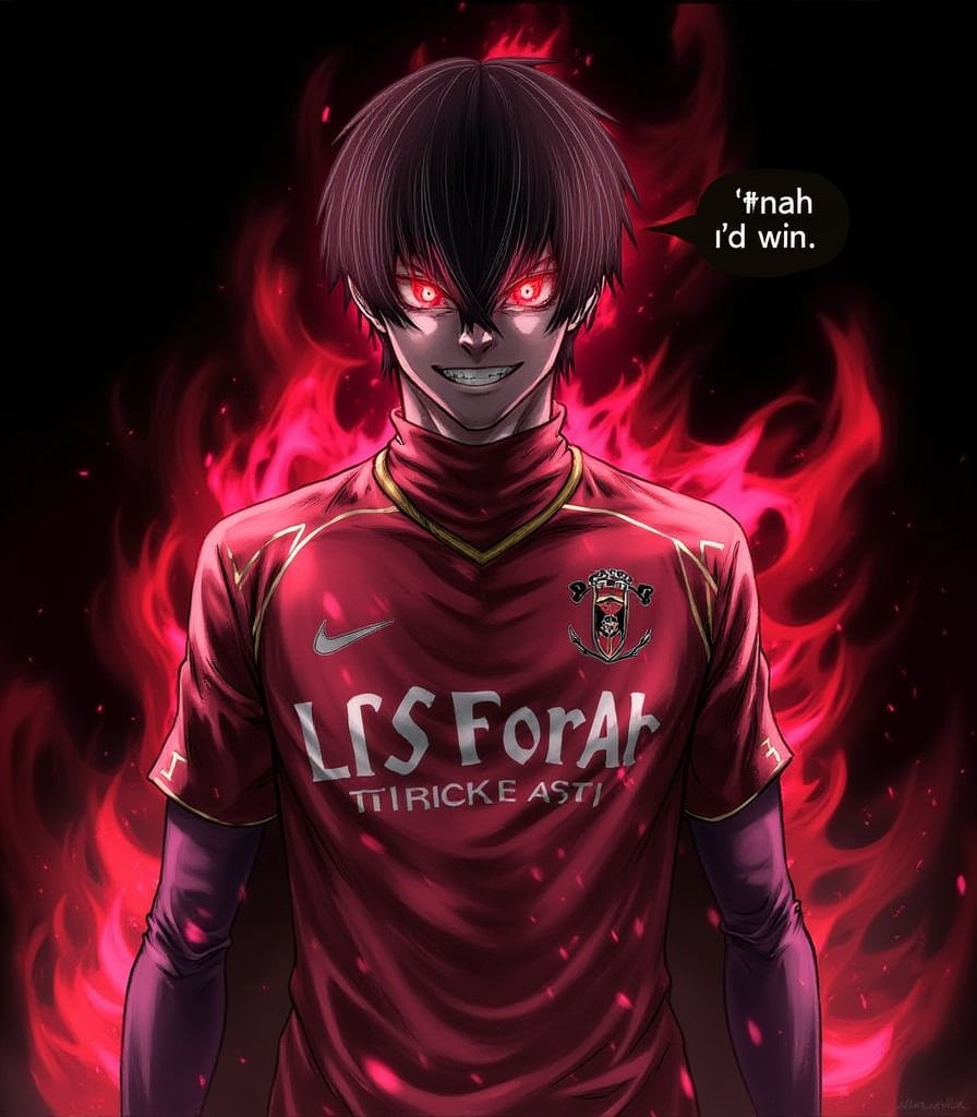 1boy,digital art,dynamic light,red eyes,glowing,football clothes,evil smile,anime,standing,darkness,dark,a manga style text saying "nah id win" , aura