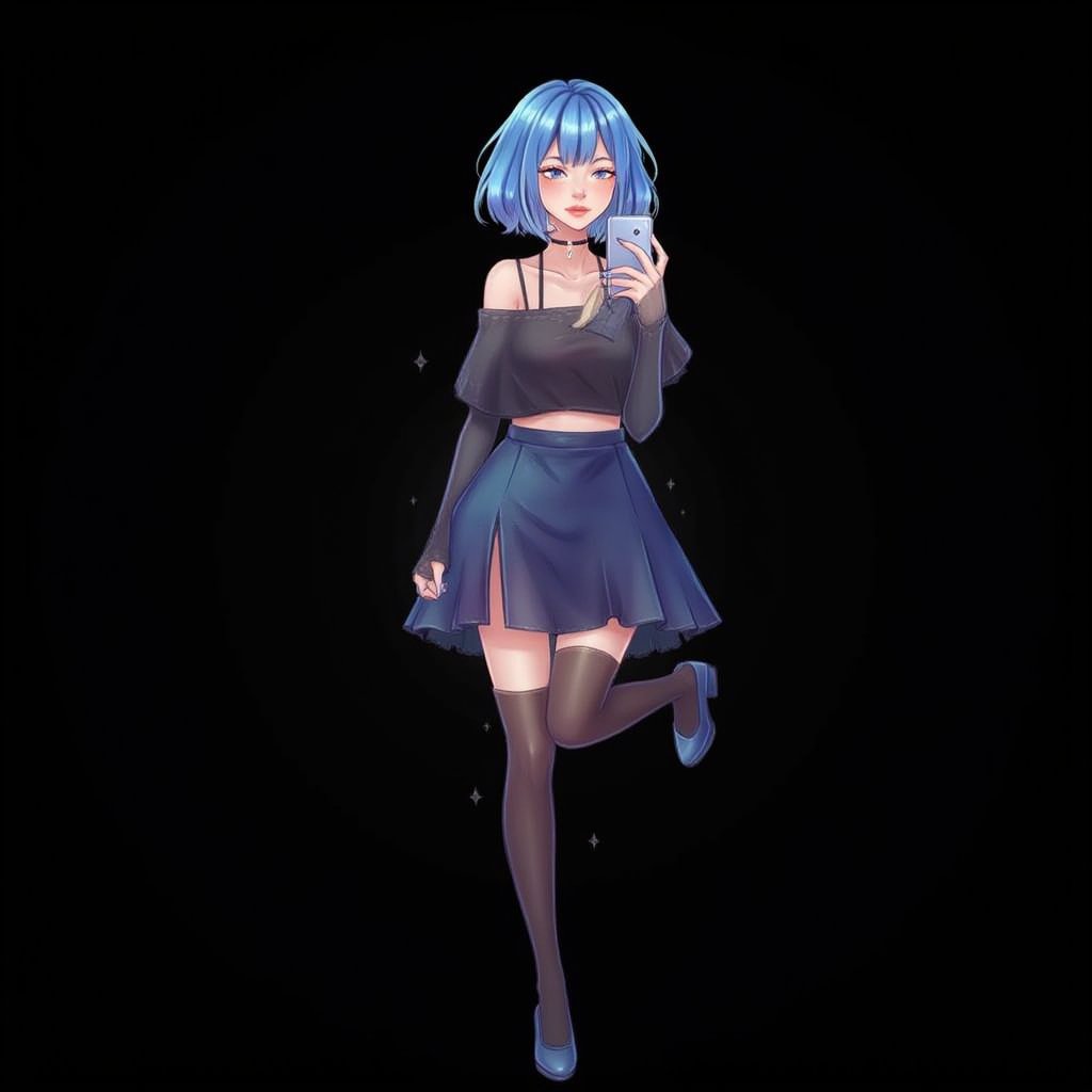 1girl,digital art,selfie,had,blue hair,sexy,skirt,black background,phone,bob cut,one closed eye,leg up,full body,happy