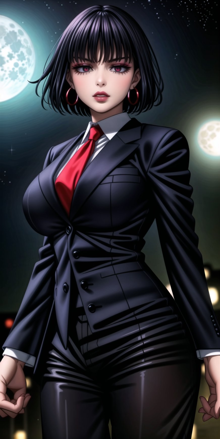 , ((black hair)),   (((hoop earrings, makeup, lips))), ((large breast)) ,(((narrow_waist))), ((((black suit, black pants)))), white shirt, red necktie, 1girl, earrings, jewelry, night, solo, outdoors, city, star \(sky\), ((red necktie:1.2)), moon, night sky, red eyes, starry sky, sky, shirt, moonlight, formal, standing, full moon, suit, cowboy shot, day,  pants, blue sky,((((black business suit)))), standing,sexy lawyer,(glaring:1.2),glistening skin, (black suit:1.5),  ,,,,Uraume,bob cut, Uraume, 1girl, short hair, bangs, purple eyes, ,<lora:659111690174031528:1.0>