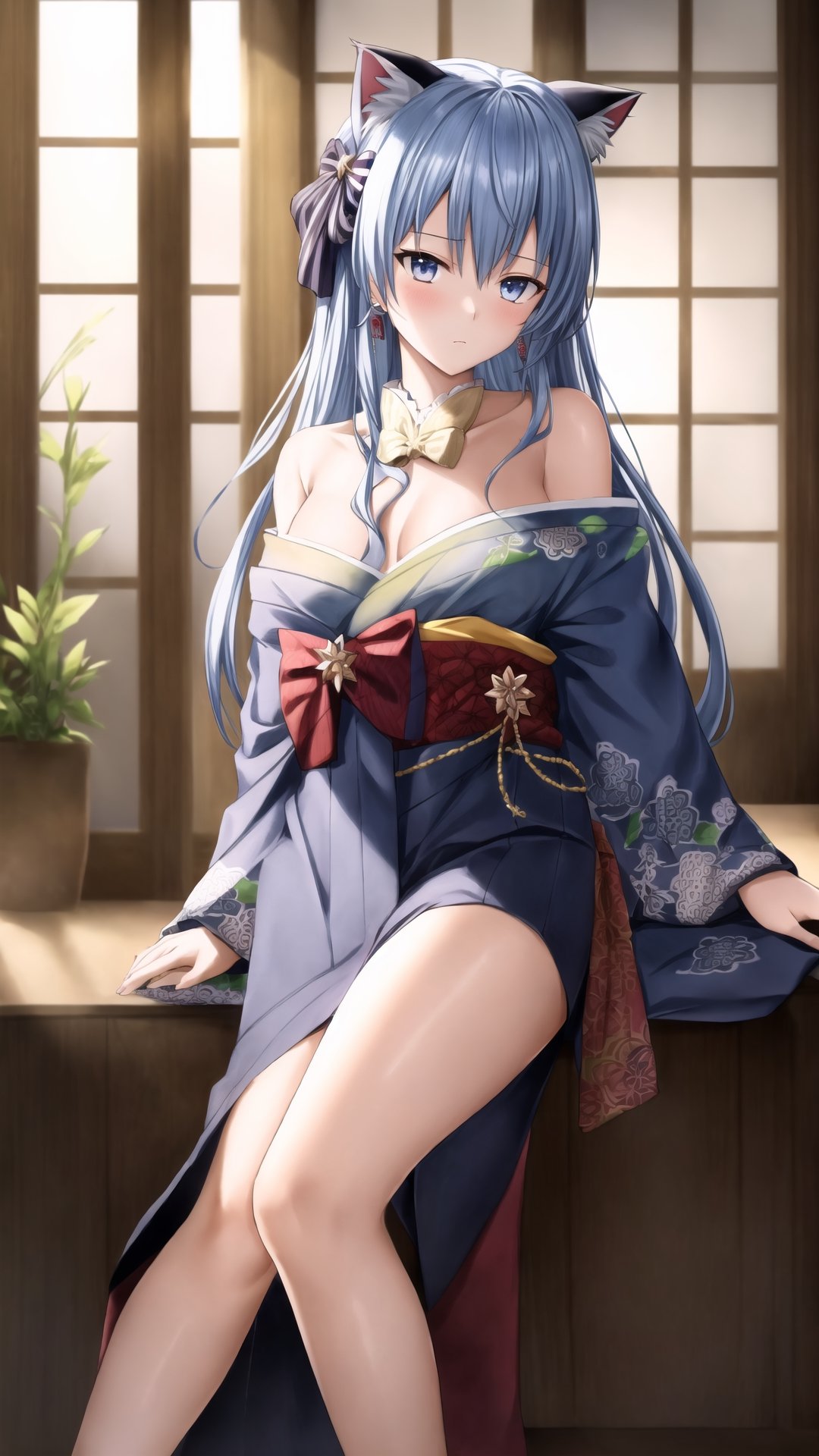 best quality, masterpiece, highres, 1girl,  intricate details, colorful kimono, hairpin, looking slightly shyly to the side, extremely detailed 8K wallpaper, an extremely delicate and beautiful, cinematic lighting, (off-shoulder,full_body,thigh,head_tilt,long_hair,cat ears: 1.1),READ THE DESCRIPTION