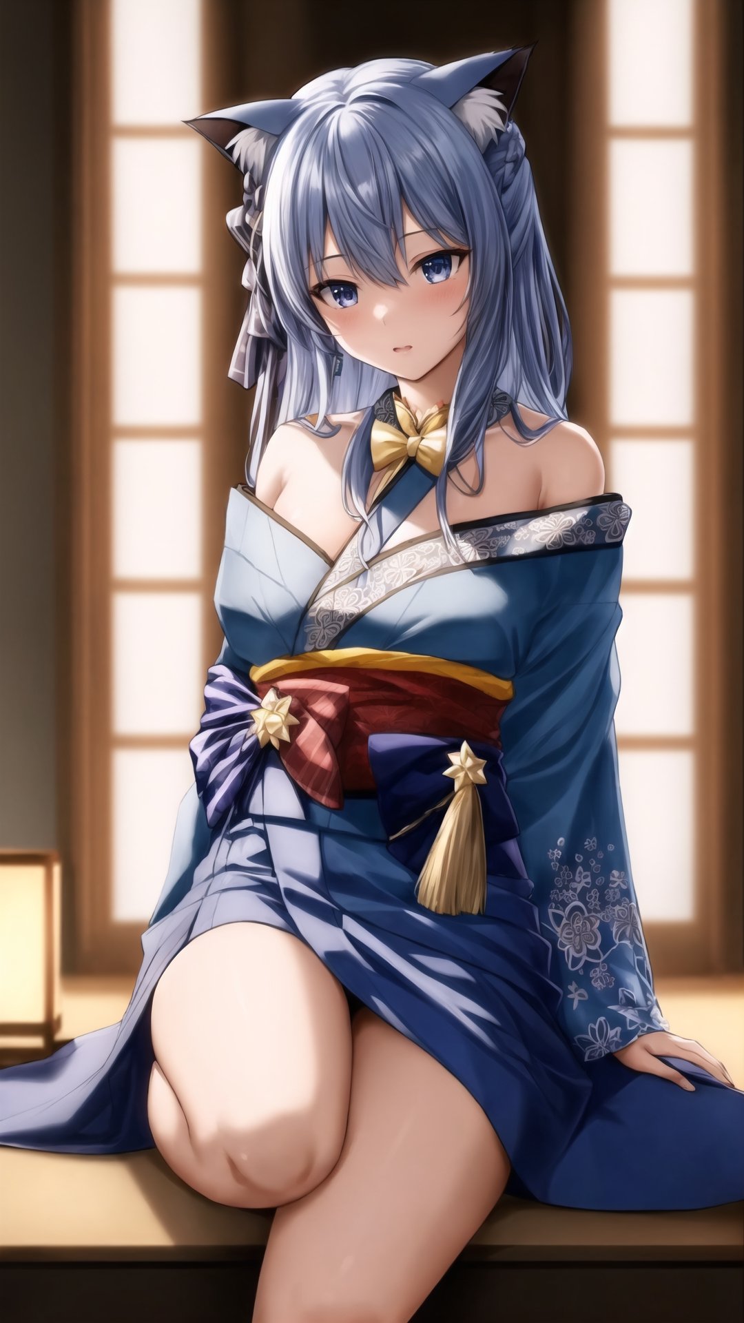 best quality, masterpiece, highres, 1girl,  intricate details, colorful kimono, hairpin, looking slightly shyly to the side, extremely detailed 8K wallpaper, an extremely delicate and beautiful, cinematic lighting, (off-shoulder,full_body,thigh,head_tilt,long_hair,cat ears: 1.1),READ THE DESCRIPTION