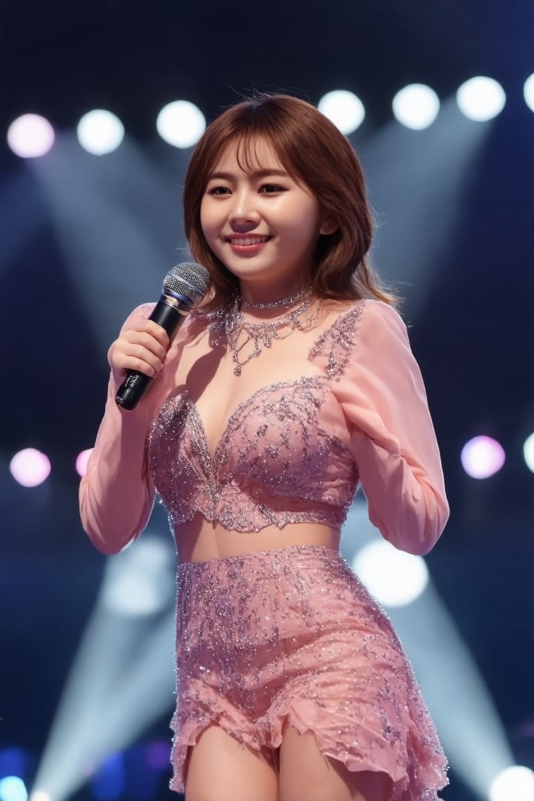 A glamorous K-pop star stands center stage, exuding elegance and charm. The scene is set in a grand concert hall, with spotlights creating a dramatic effect, highlighting her flawless makeup and luxurious attire. She poses with a confident smile, holding a microphone, her posture reflecting poise and sophistication. The background is filled with vibrant, colorful lights, enhancing the atmosphere of a high-energy performance. The composition captures her star power and the electrifying ambiance of a K-pop concert.