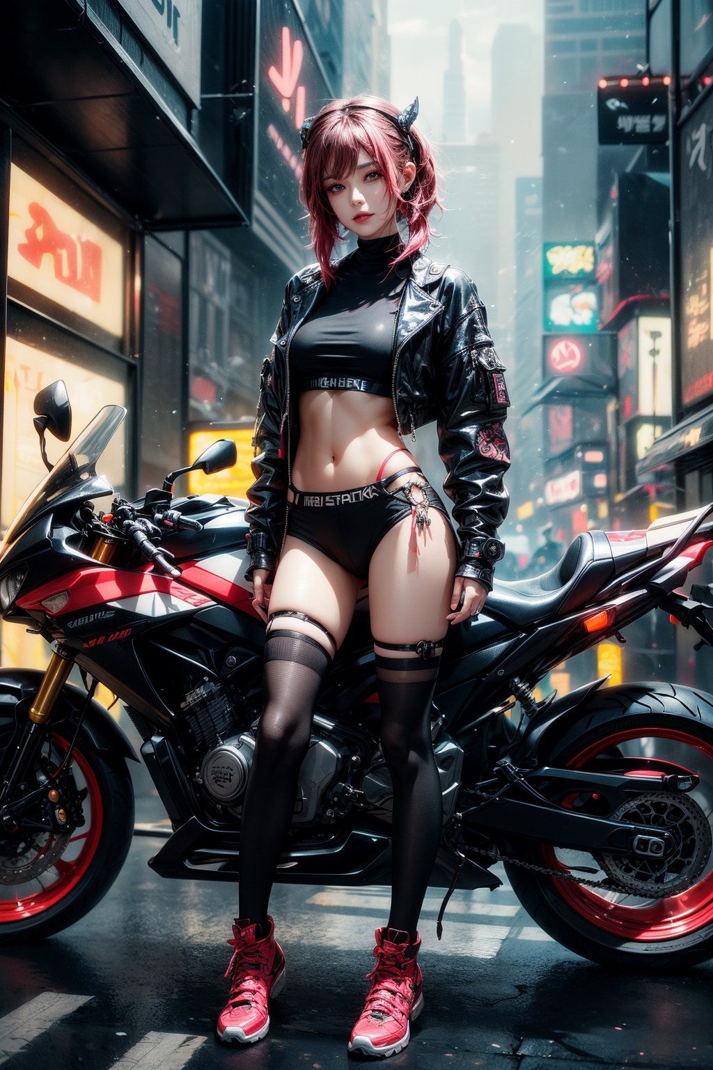 masterpiece, best quality, 1 cyberpunk girl, full body shot, standing in front of motorcycle, looking at viewer, Confident cyberpunk girl with sassy expression, Harajuku-inspired pop outfit, bold colors and patterns, eye-catching accessories, trendy and innovative hairstyle, vibrant makeup, Cyberpunk dazzling cityscape, skyscrapers, neon signs, LED lights, bright and vivid color scheme, anime, illustration, detailed skin texture, detailed cloth texture, beautiful detailed face, intricate details, ultra detailed.,urban techwear,outfit