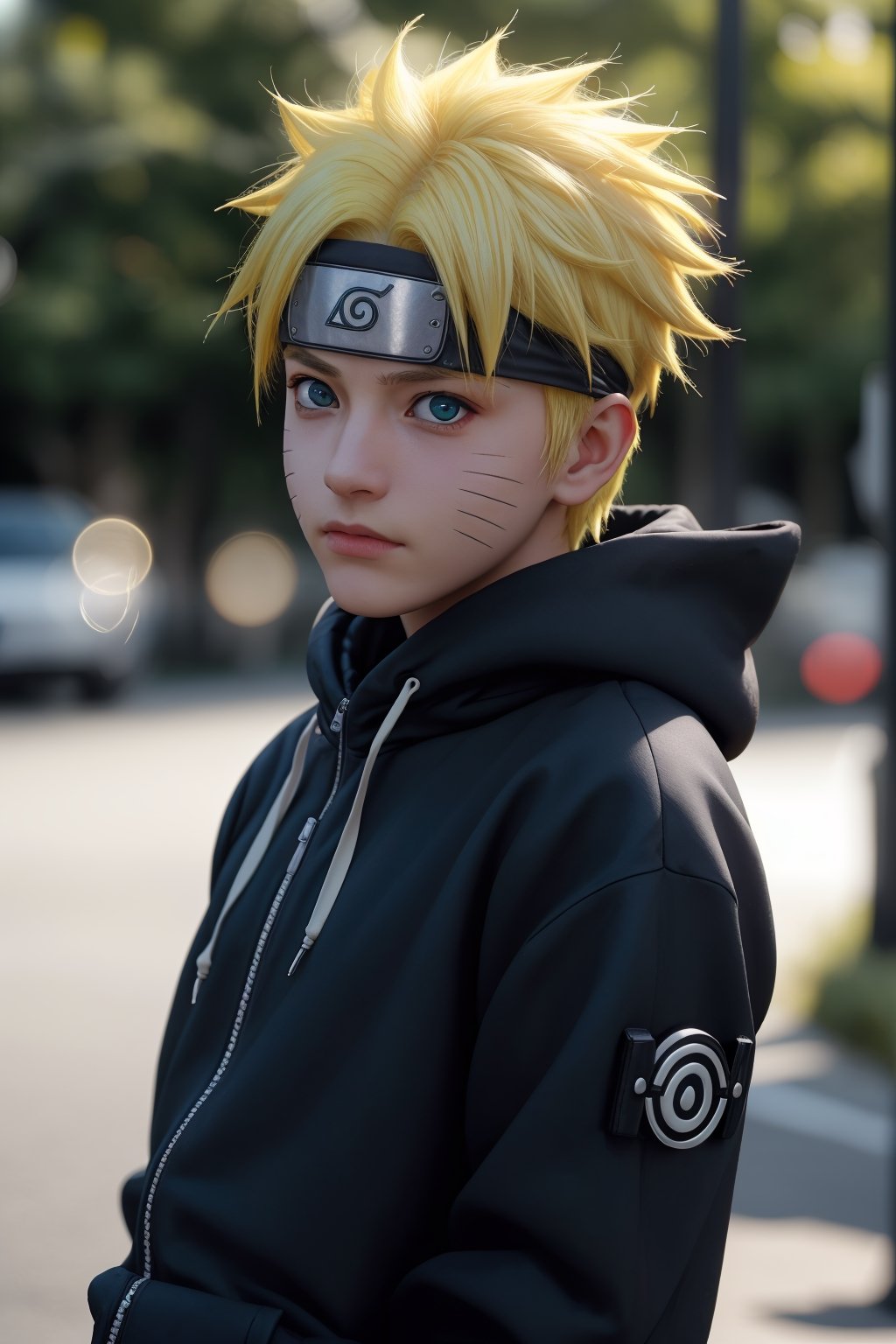 Hyperrealistic art cinematic photo n4rut0, 1boy, (facial mark), solo, whisker markings, forehead protector,spiked hair, (yellow hair),looking at viewer, blue eyes, Streetwear Hoodie, (konohagakure symbol), short yellow hair, long sleeves, ninja,  . 35mm photograph, film, dinamic lighting, bokeh, professional, 4k, highly detailed . Extremely high-resolution details, photographic, realism pushed to extreme, fine texture, incredibly lifelike,Realism