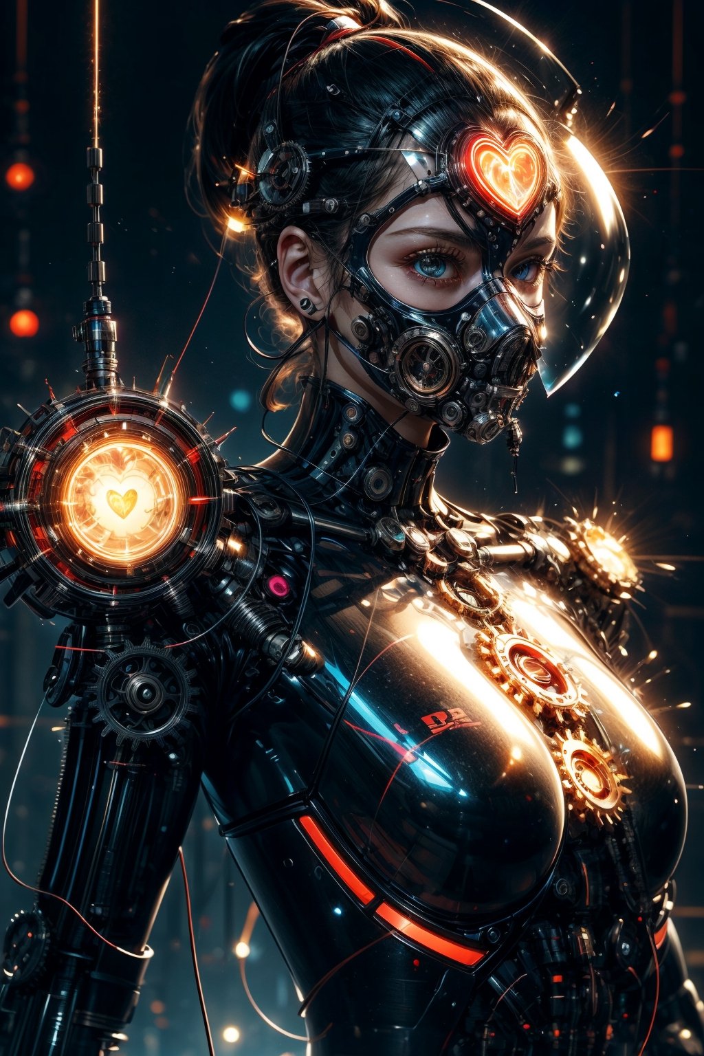 Topic prompts "Atomic heart, Mechanical girl" as follows: Atomic heart,Mechanical girl,With a glass mask,(((Glassy mask))),Shiny metal skin,Mechanical body parts,Mechanical gears and gears, [Meticulous, Surgical precision],Cyberpunk style background,Science fiction art style,Vibrant colors,High-res,Ultra-detailed,Realistic lighting effects,Bokeh.