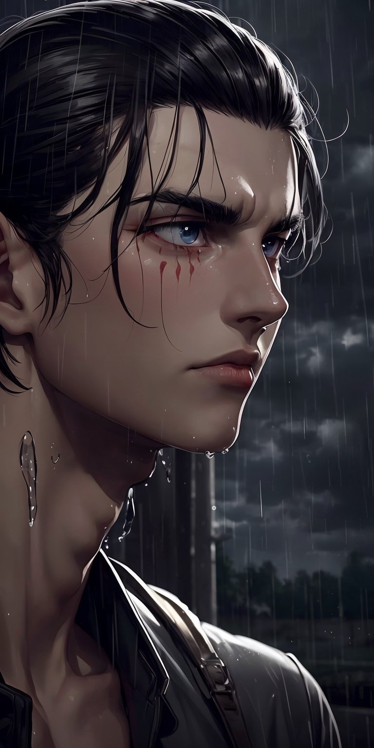 (neon lights, red light), night, rain, wet hair, ((rain drops on his face)), (looking to the sky), melancholic, extremely detailed, perfect composition, masterpiece 8k wallpapper,1male,Eren Jaeger, black hair, scars below the eyes 