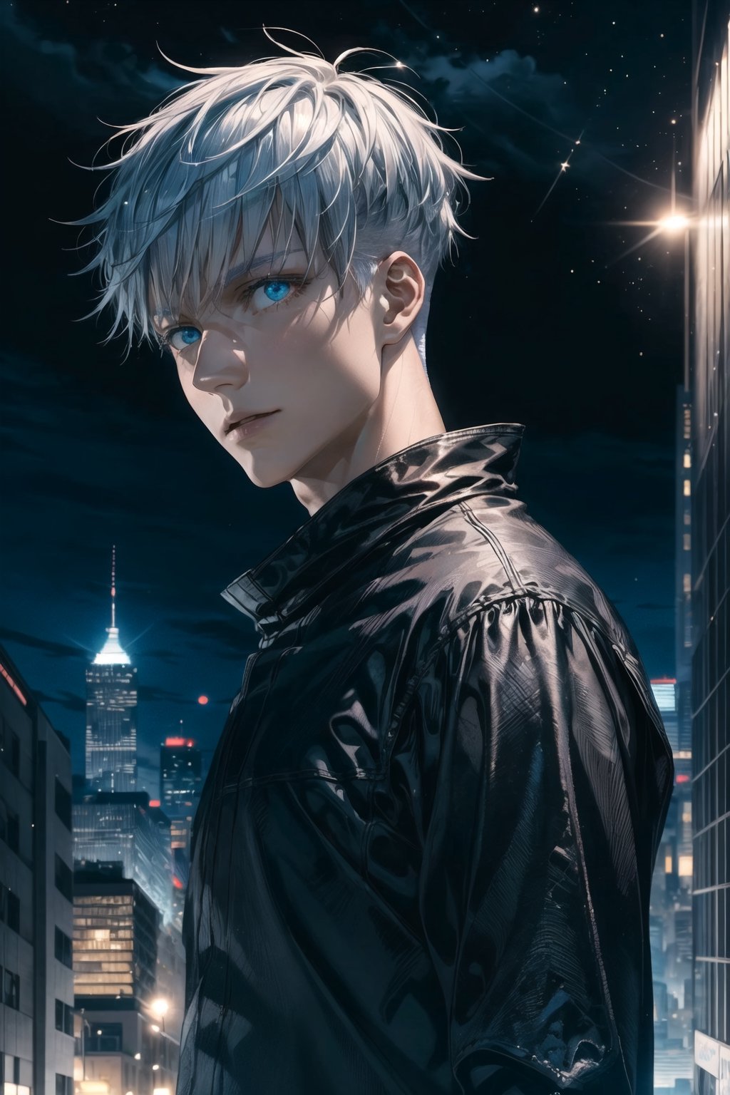 1man, gojo satoru in anime jujutsu, short hair , white hair, glowing blue light eyes, handsome, beautiful eyes, black clothes, realistic clothes, detail clothes, Above tall buildings, night cityscape, city background, ultra detail, realistic