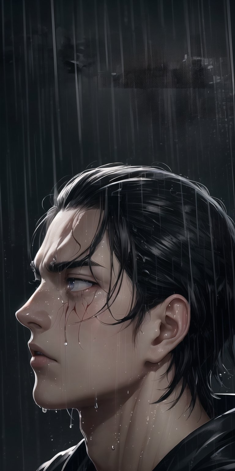 (neon lights, red light), night, rain, wet hair, ((rain drops on his face)), (looking to the sky), melancholic, extremely detailed, perfect composition, masterpiece 8k wallpapper,1male,Eren Jaeger, black hair, scars below the eyes 