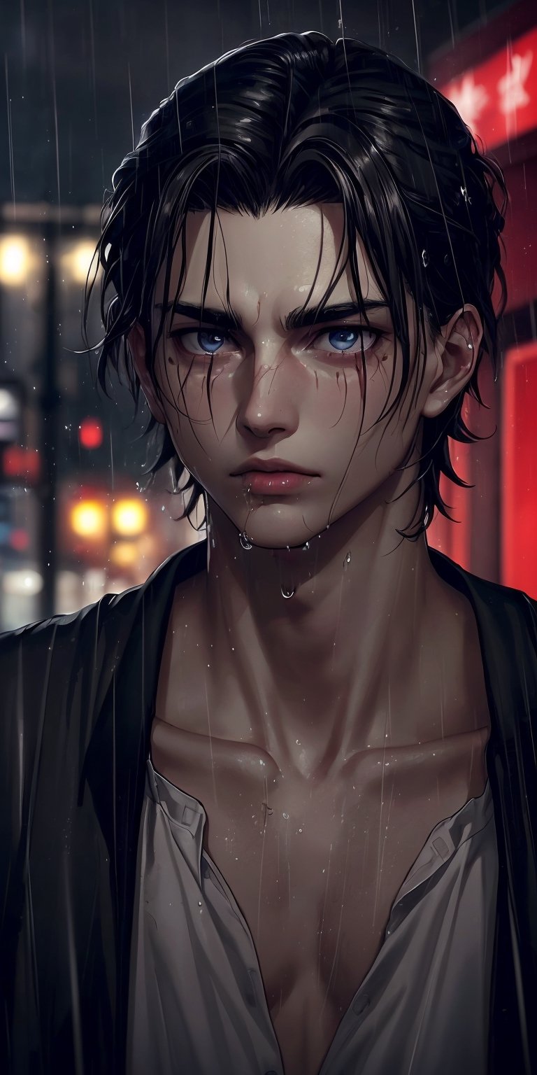 (neon lights, red light), night, rain, wet hair, ((rain drops on his face)), (looking to the sky), melancholic, extremely detailed, perfect composition, masterpiece 8k wallpapper,1male,Eren Jaeger, black hair, scars below the eyes 