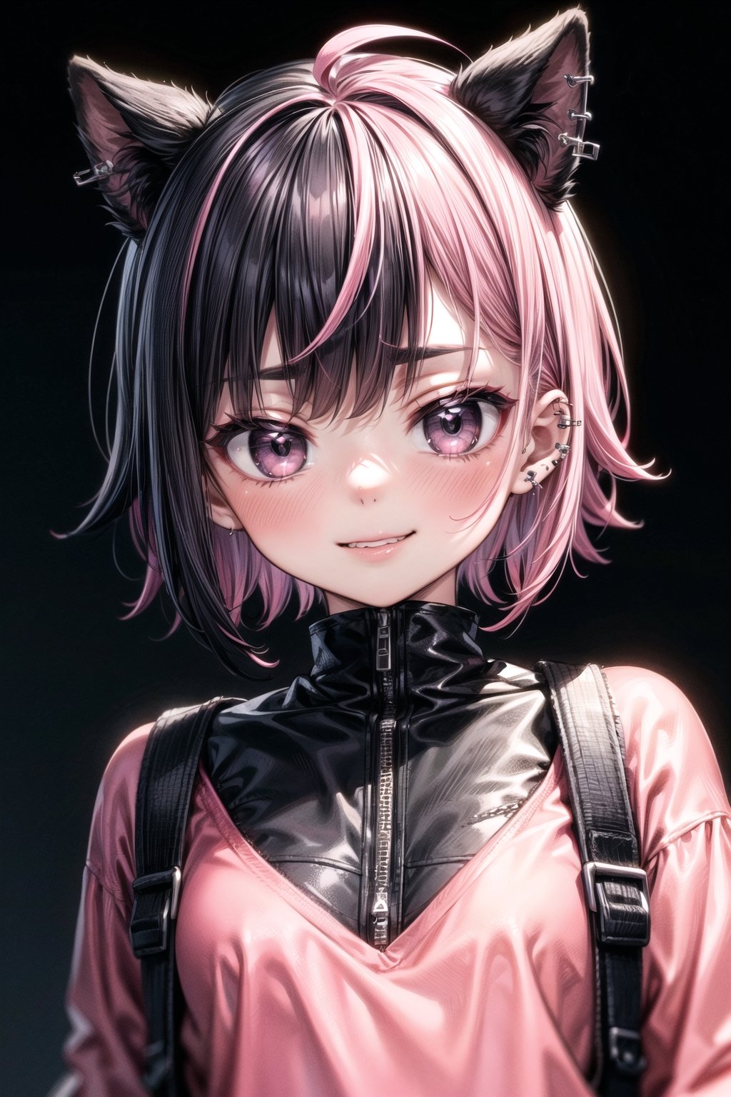 1 person, femboi, ((Pink Hair Color| black hair color)) ,((Black bangs)) Short hair, pink clothes, Black clothes, lip piercing, eyebrow piercing, Nose Piercing, Smile, vulgar,(( 独奏))), Evil eyebrows, cheeky, (gray eyes| Black Eyes), Night Street, Hot breath, Black background