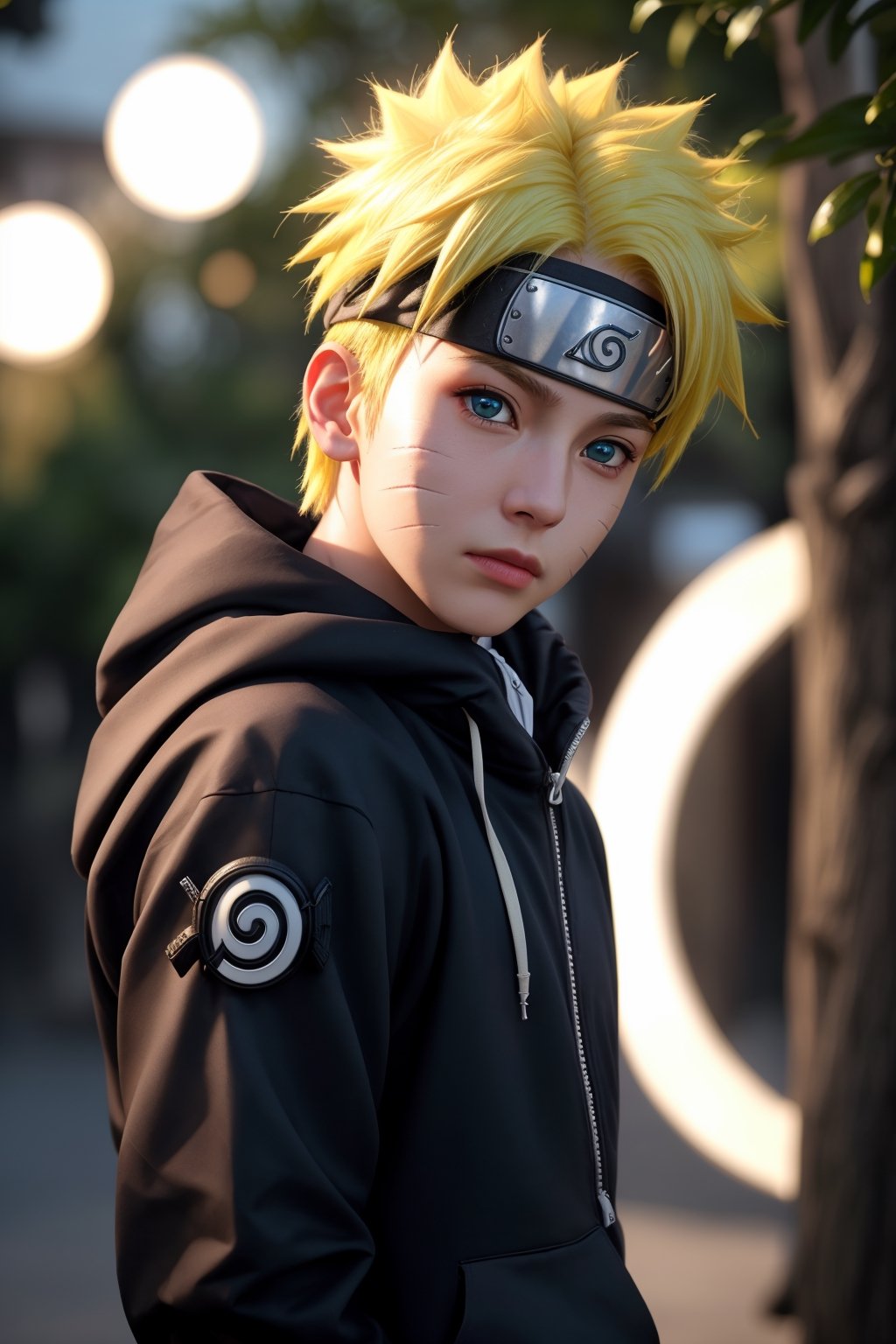 Hyperrealistic art cinematic photo n4rut0, 1boy, (facial mark), solo, whisker markings, forehead protector,spiked hair, (yellow hair),looking at viewer, blue eyes, Streetwear Hoodie, (konohagakure symbol), short yellow hair, long sleeves, ninja,  . 35mm photograph, film, dinamic lighting, bokeh, professional, 4k, highly detailed . Extremely high-resolution details, photographic, realism pushed to extreme, fine texture, incredibly lifelike,Realism