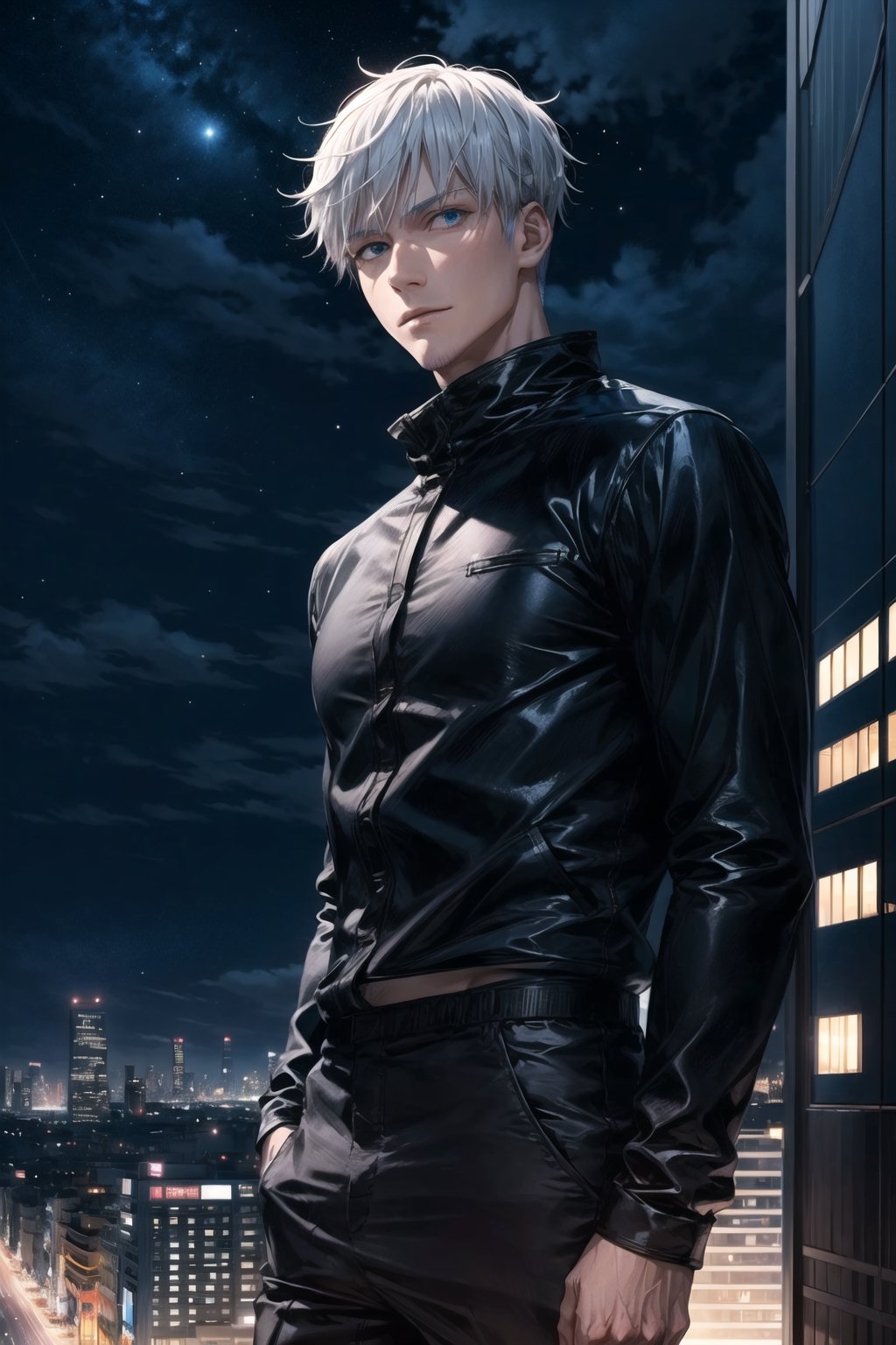 1man, gojo satoru in anime jujutsu, short hair , white hair, blue light eyes, handsome, beautiful eyes, black clothes, realistic clothes, detail clothes, Above tall buildings, night cityscape, city background, ultra detail, realistic