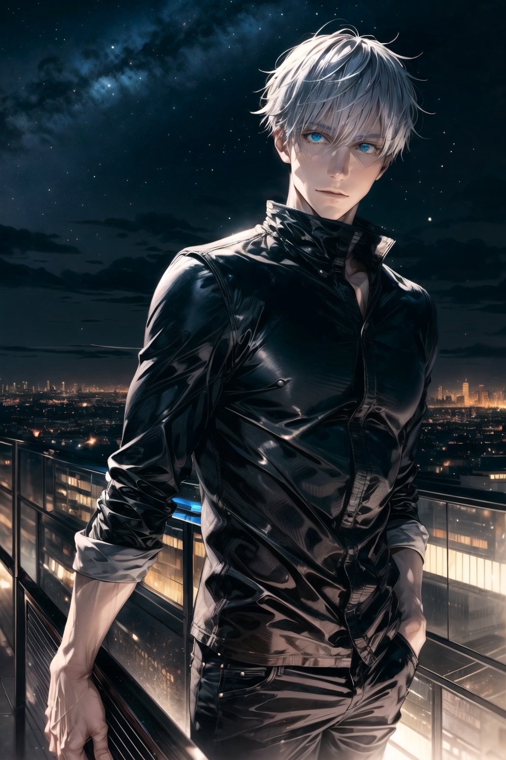 1man, gojo satoru in anime jujutsu, short hair , white hair, glowing blue light eyes, handsome, beautiful eyes, black clothes, realistic clothes, detail clothes, Above tall buildings, night cityscape, city background, ultra detail, realistic