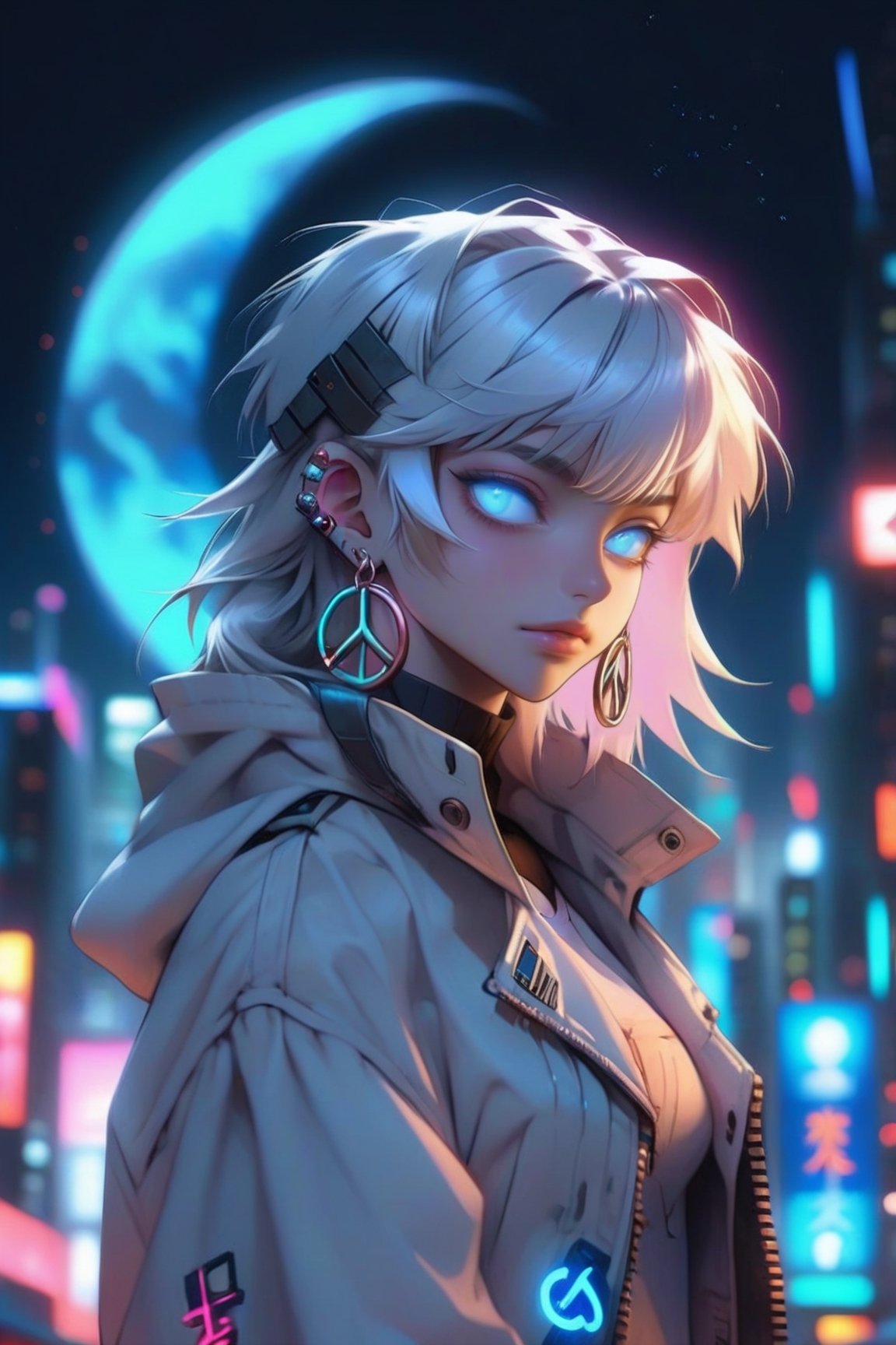 1 girl, solo, colorful, blue eyes, cyberpunk, cityscape, moon background, peace sign, earrings, white hair, hat, neon sign, beautiful lights, character focus, CG illustration, bust shot, white color jacket, 8k resolution, very detailed, anatomically correct, digital painting, concept art, clear picture,