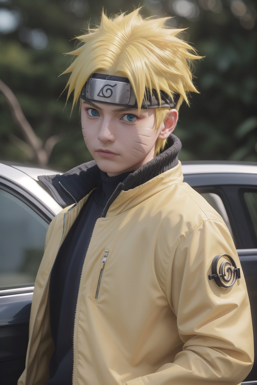 Hyperrealistic art cinematic photo n4rut0, 1boy, (facial mark), solo, whisker markings, forehead protector,spiked hair, (yellow hair),looking at viewer, blue eyes, jacket, (konohagakure symbol), short yellow hair, long sleeves, ninja,  . 35mm photograph, film, bokeh, professional, 4k, highly detailed . Extremely high-resolution details, photographic, realism pushed to extreme, fine texture, incredibly lifelike